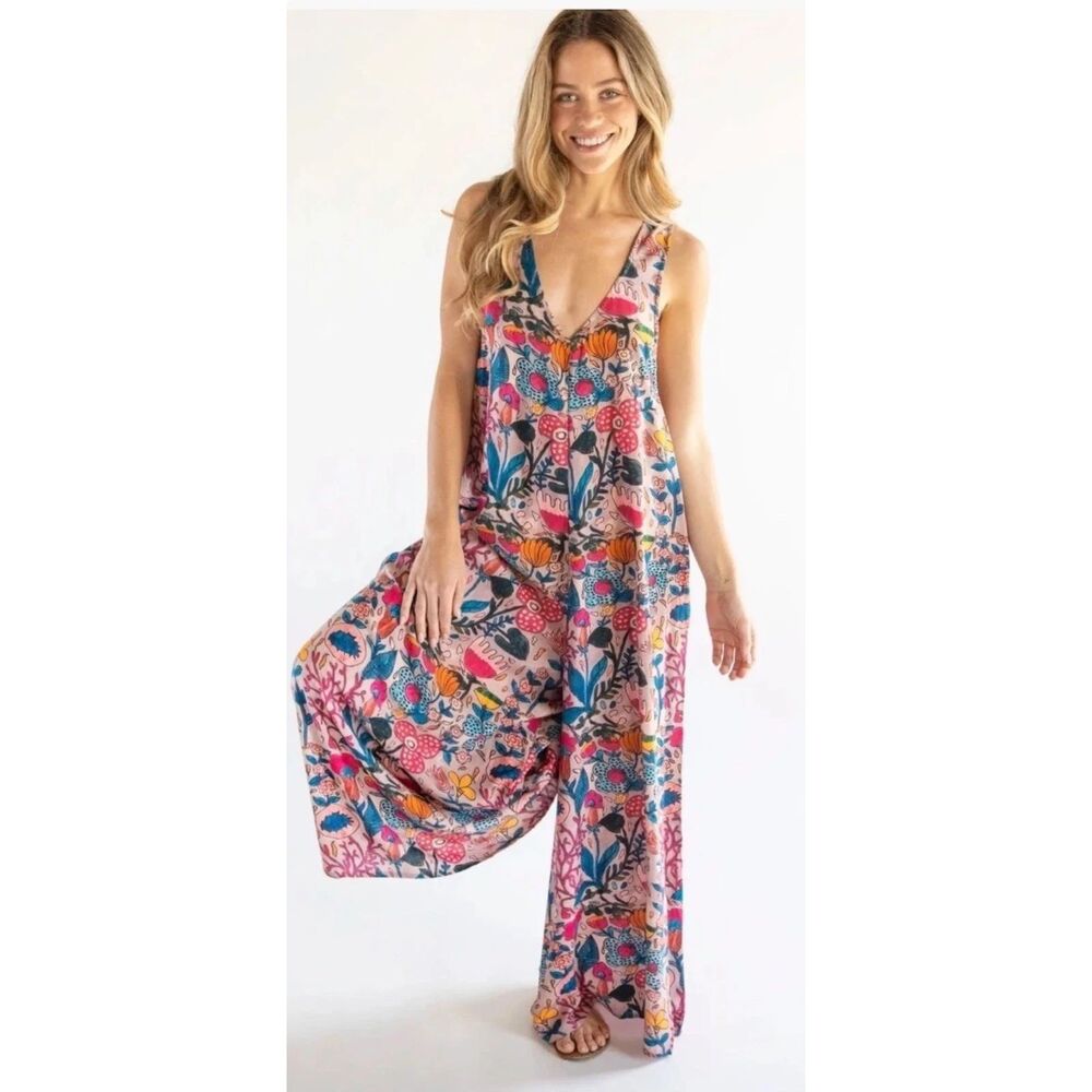 Natural Life Let's Just Go Wide Leg Pink Floral Summer Boho Jumpsuit Size S